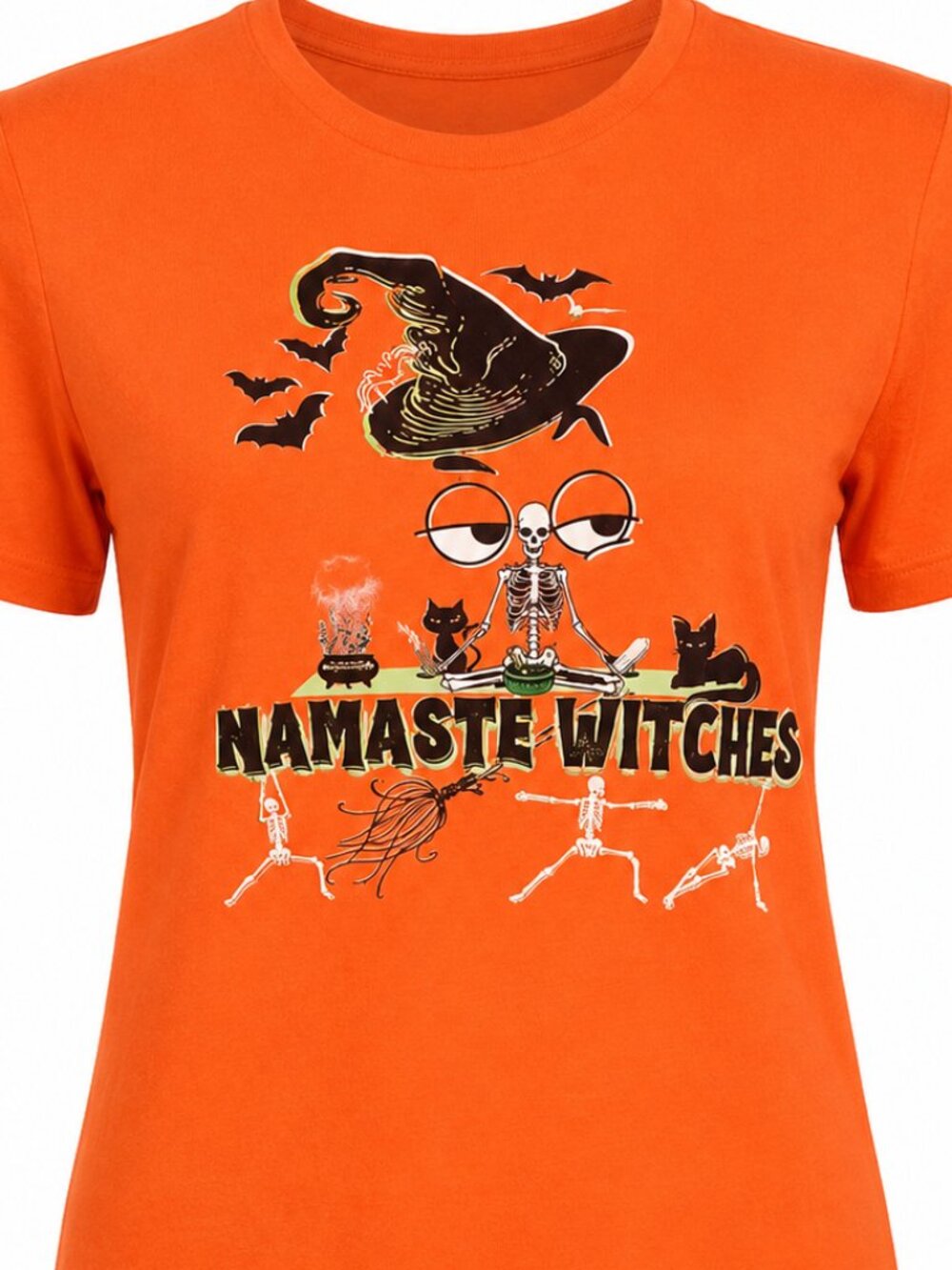 MEDIUM orange cotton shirt NAMASTE WITCHES graphic tee Halloween skeleton. Yoga